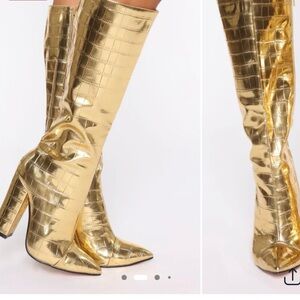 Fashion Nova Shiny Gold Heeled Boots